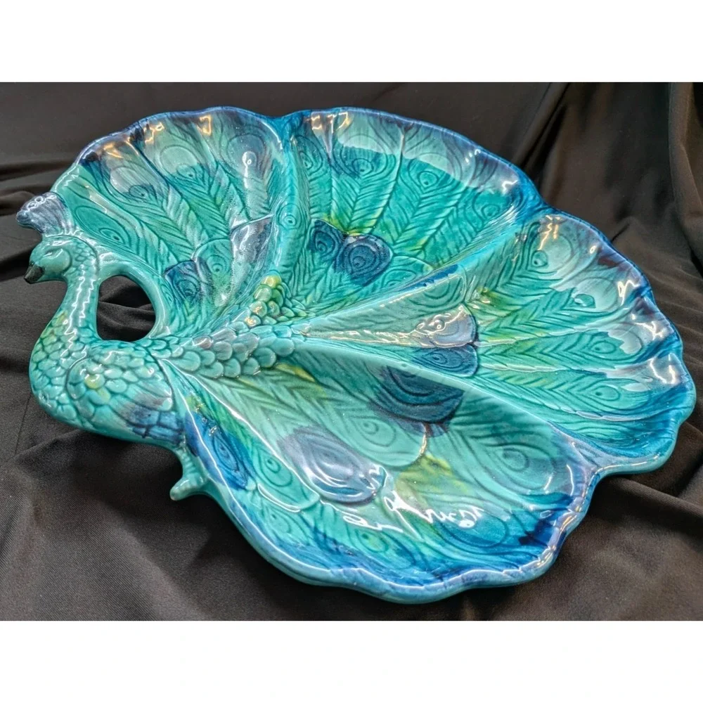 VTG 1970's Enesco Peacock Ceramic Divided Serving Platter E-8275 Japan Pristine